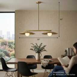 Modern Brass Linear Pendant Light - Mid Century Minimalist Chandelier Double Globe Kitchen Island Lighting - thumbnail 2