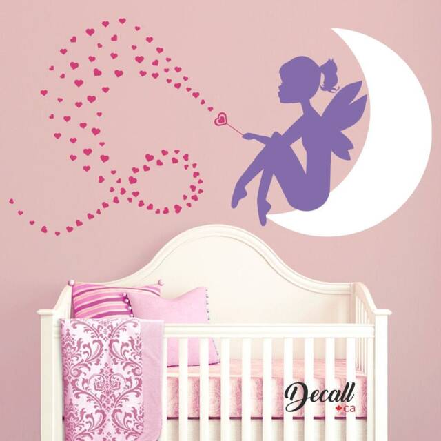 Fairy Little Girl On The Moon With Heart Wand - Baby Nursery Wall Decal Hearts Stickers Decor Sticker D089 - image 1