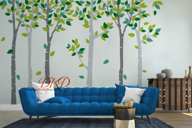 Birch Tree Wall Decal With Colorful Leaves, Nursery Decor - image 1