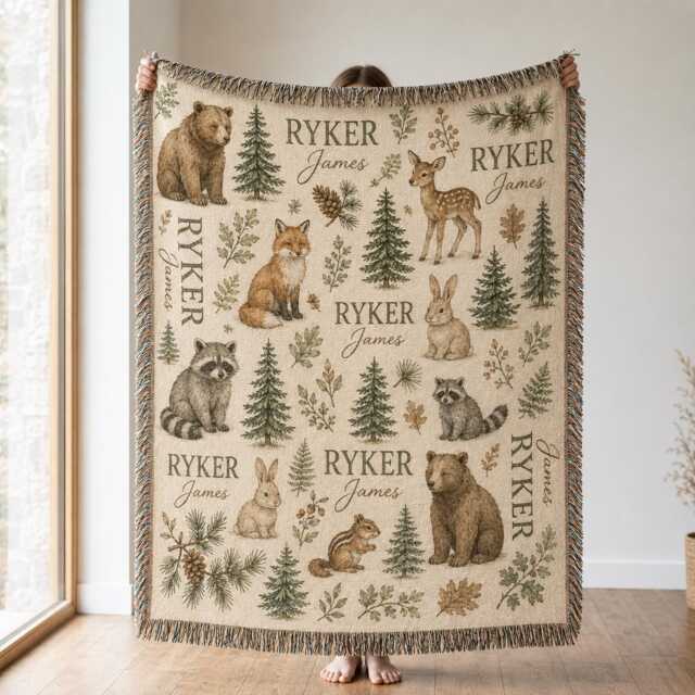 Personalized Woodland Baby Woven Blanket, Custom Name Forest Animal Rustic Nursery Decor, Shower Gift - image 1