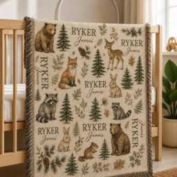 Personalized Woodland Baby Woven Blanket, Custom Name Forest Animal Rustic Nursery Decor, Shower Gift - thumbnail 2