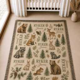 Personalized Woodland Baby Woven Blanket, Custom Name Forest Animal Rustic Nursery Decor, Shower Gift - thumbnail 3