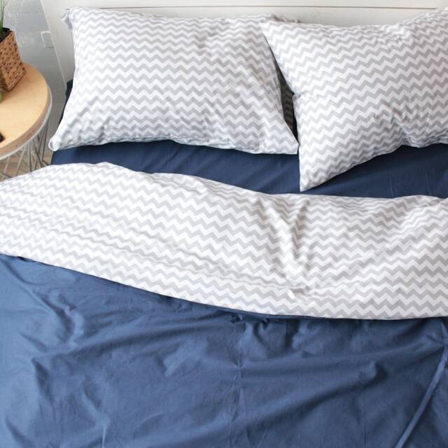 Cotton Bedding Set Of 5 Pieces in Blue & White. Flat Sheet, Fitted Duvet Cover + 2 Pillowcases. Twin Full Queen Au Eu Bed Linen - image 1