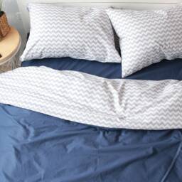 Cotton Bedding Set Of 5 Pieces in Blue & White. Flat Sheet, Fitted Duvet Cover + 2 Pillowcases. Twin Full Queen Au Eu Bed Linen