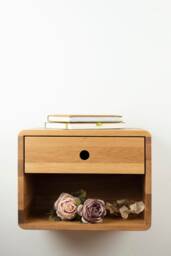 Floating Nightstand With Drawer & Open Shelf in Solid Oak - Modern Wall Mounted