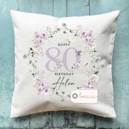 Personalised Happy Birthday Gift Age Milestone 18 21 30 40 50 60 70 80 90 Lilac Floral Design Home Linen Style Cushion Friend Gift - thumbnail 2