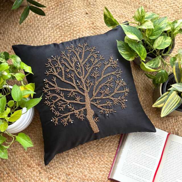 Beaded Black Nature & Floral Pattern Art Silk Pillow Sham, 24x24/26x26, Contemporary Style Euro Square Pillowcase - Celebrated Tree - image 1
