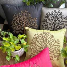 Beaded Black Nature & Floral Pattern Art Silk Pillow Sham, 24x24/26x26, Contemporary Style Euro Square Pillowcase - Celebrated Tree - thumbnail 3