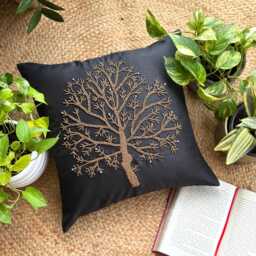 Beaded Black Nature & Floral Pattern Art Silk Pillow Sham, 24x24/26x26, Contemporary Style Euro Square Pillowcase - Celebrated Tree - thumbnail 1