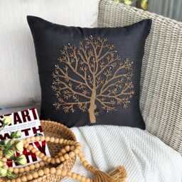 Beaded Black Nature & Floral Pattern Art Silk Pillow Sham, 24x24/26x26, Contemporary Style Euro Square Pillowcase - Celebrated Tree - thumbnail 2
