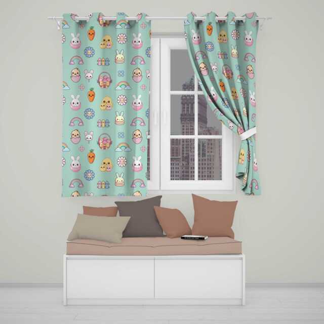 Easter Chick Bunny Carrot Rainbow Fence Kawai Mint Background Seamless Pattern Readymade Eyelet Ring Top Thermal 100% Blackout Curtains - image 1