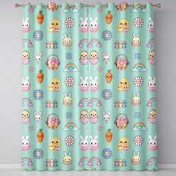 Easter Chick Bunny Carrot Rainbow Fence Kawai Mint Background Seamless Pattern Readymade Eyelet Ring Top Thermal 100% Blackout Curtains - thumbnail 2
