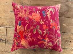 Dark Pink Bohemian Style Cotton Velvet Birds Design Cushion Cover 50cm By