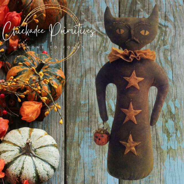 Primitive Halloween Fall Cat Doll Pattern With Clay Jack-O-Lantern & Stars Etsyfolk - image 1