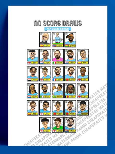 Man City 25/26 - No Score Draws Pep Edition A3 Print Of 26 Wonky Panini-style Doodles Guardiola's Manchester - image 1