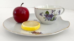 Peach Mango Scented Natural Soy Candle in A Porcelain Teacup & Snack Tray With Purple Violets & Fruit