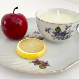 Peach Mango Scented Natural Soy Candle in A Porcelain Teacup & Snack Tray With Purple Violets & Fruit - thumbnail 4