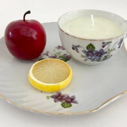 Peach Mango Scented Natural Soy Candle in A Porcelain Teacup & Snack Tray With Purple Violets & Fruit - thumbnail 2