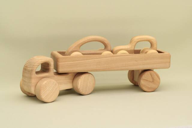 Handmade Ash Wood Car & Trailer Set Montessori Toy Vehicle - image 1