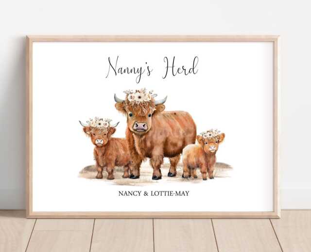 Personalised Highland Cow Nan Grandparent Gift Print - Up To 8 Unframed - image 1