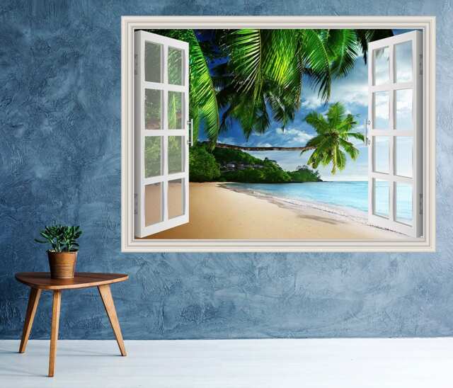 Beach View Window 3D Wall Decal Art Removable Wallpaper Palm Tree Tropical Mural Sticker Vinyl Home Decor