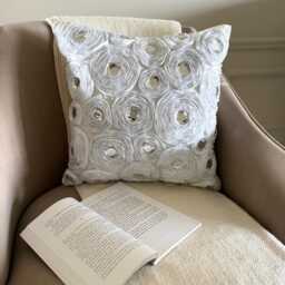 Ribbon Embroidered Nature & Floral White Art Silk With Crystals Throw Pillow Cover, 16x16 Modern Cushion Cover - Heaven - thumbnail 3
