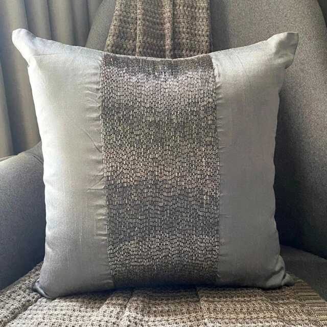 Silver Art Silk Beaded Embellished Stripes Decorative Throw Pillow Cover, 16x16 Modern Style Couch/Sofa Toss Cushion Cover - Center - image 1