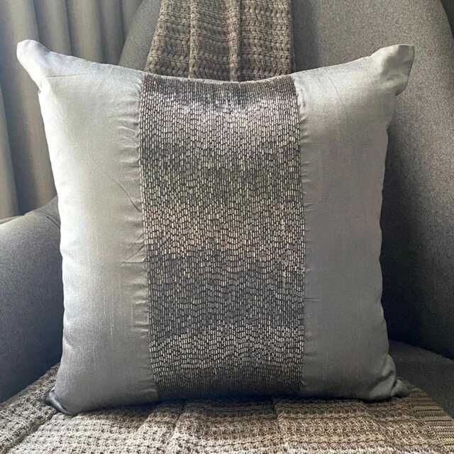 Silver Art Silk Beaded Embellished Stripes Decorative Throw Pillow Cover, 16x16 Modern Style Couch/Sofa Toss Cushion Cover - Center - image 1