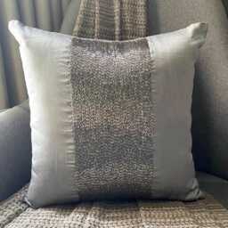 Silver Art Silk Beaded Embellished Stripes Decorative Throw Pillow Cover, 16x16 Modern Style Couch/Sofa Toss Cushion Cover - Center - thumbnail 1