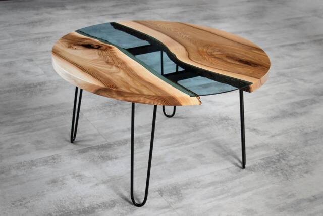 Personalised River Table, Ash Coffee Table With Hairpin Legs, Round Live Edge Unique Wedding Gift, Contemporary Furniture - image 1