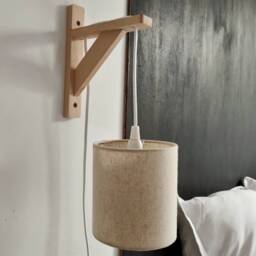 Hanging Wall Light With Wooden Bracket & Lampshade, Nature White/Off-White/Ecru Beige, in Linen Cotton Canvas - thumbnail 2