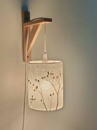 Hanging Wall Light With Wooden Bracket & Lampshade, Nature White/Off-White/Ecru Beige, in Linen Cotton Canvas