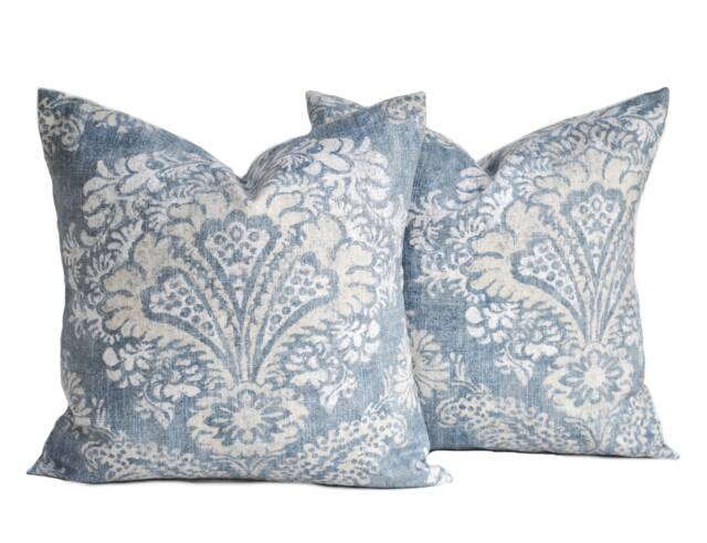 Two Floral Pillow Covers, Home Decor, Decorative Pillow, Throw Medallion Blue Grey Tan Pillow, Fall - image 1