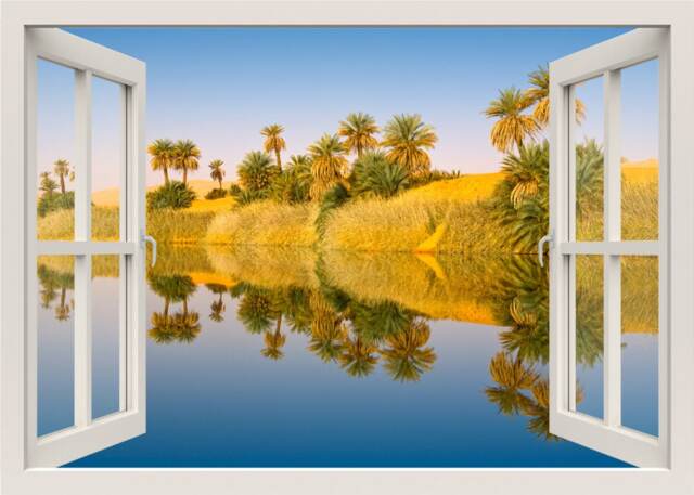 Oasis Wall Decal, Desert Nature Mural Decor, 3D Window View Sticker Decor