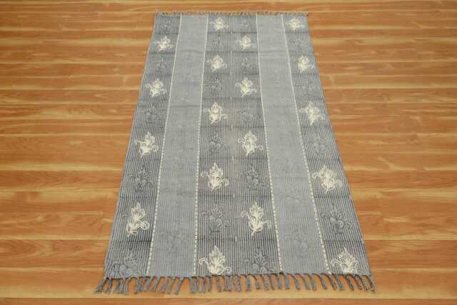 Hand Block Print Cotton Rug, Gray Floral Area Rug With Tassels - image 1