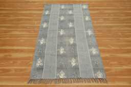 Hand Block Print Cotton Rug, Gray Floral Area Rug With Tassels - thumbnail 1