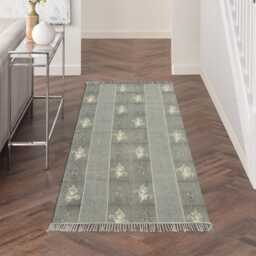 Hand Block Print Cotton Rug, Gray Floral Area Rug With Tassels - thumbnail 3
