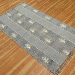 Hand Block Print Cotton Rug, Gray Floral Area Rug With Tassels - thumbnail 2
