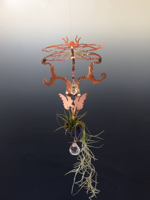 Hanging Copper Dragonfly Mermaid Air Plant Hanger, Rainbow Crystal Suncatcher - image 1