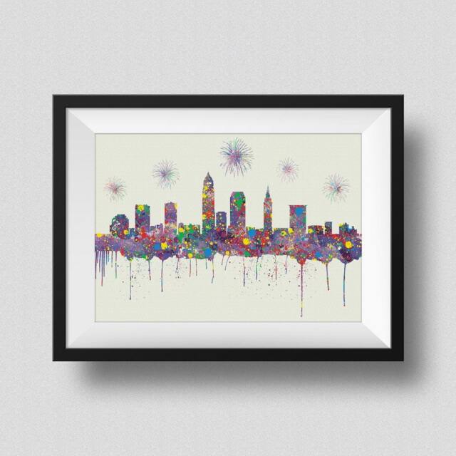 Cleveland Skyline Watercolor Print, Ohio With Firework Ink Splash Poster Art, Print