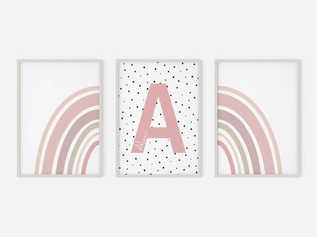 Personalised Nursery Prints, Rainbow Set Of 3, Kids Alphabet Initial Print - image 1