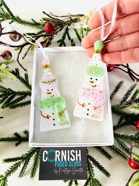 Fused Glass Snowman Christmas Tree Decoration, Cornish - image 1