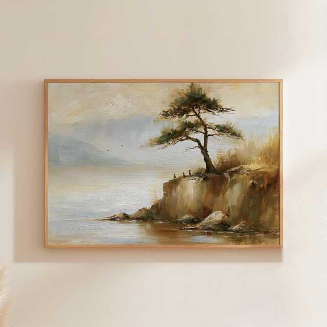 Pine Tree Cliff Poster, Lakeside Landscape Print, Nature Wall Art, Paper - image 1