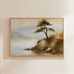 Pine Tree Cliff Poster, Lakeside Landscape Print, Nature Wall Art, Paper - thumbnail 1
