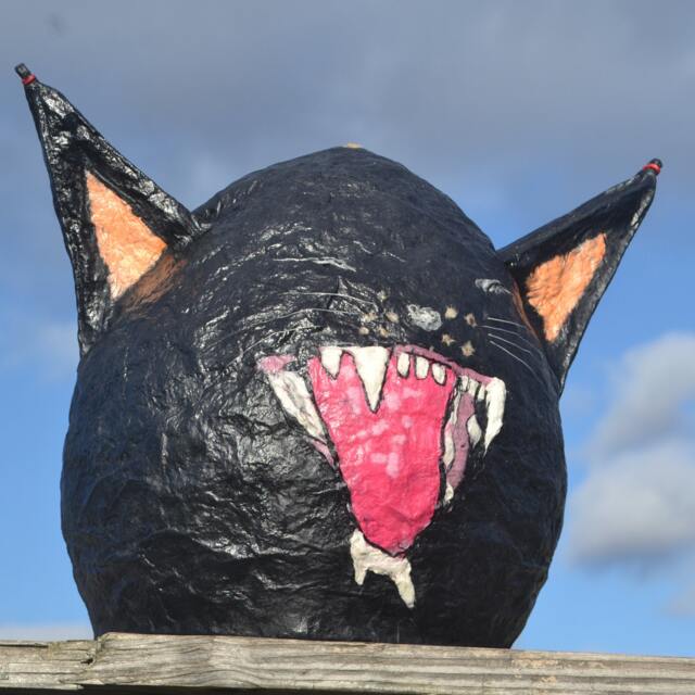Yelling Black Cat Grinning Mouth, Full Of Teeth & 6 Real Cat Whiskers Unique Papermache Lampshade, Lamp, Unusual Hanging Oddity - image 1