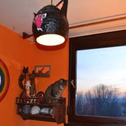Yelling Black Cat Grinning Mouth, Full Of Teeth & 6 Real Cat Whiskers Unique Papermache Lampshade, Lamp, Unusual Hanging Oddity - thumbnail 3