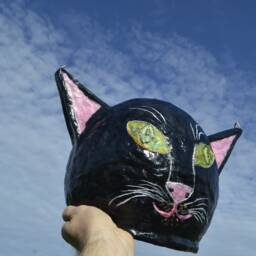 Yelling Black Cat Grinning Mouth, Full Of Teeth & 6 Real Cat Whiskers Unique Papermache Lampshade, Lamp, Unusual Hanging Oddity - thumbnail 4