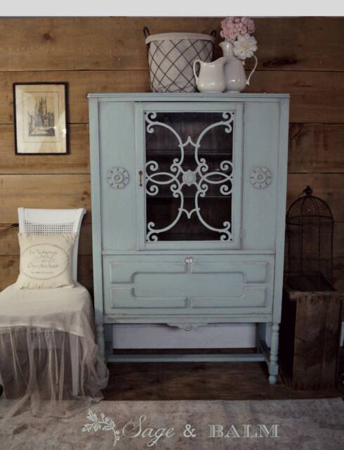 Sold - Blue Shabby Chic Chalk Painted China Cabinet Antique Hutch Vintage Distressed Furniture - image 1