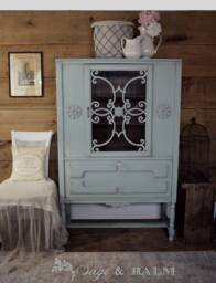 Sold - Blue Shabby Chic Chalk Painted China Cabinet Antique Hutch Vintage Distressed Furniture - thumbnail 1