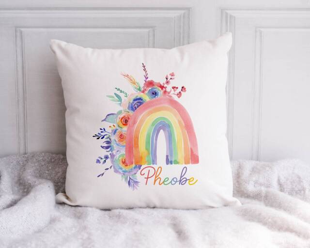Personalised Rainbow Floral Cushion, Watercolor Nursery Decor - image 1